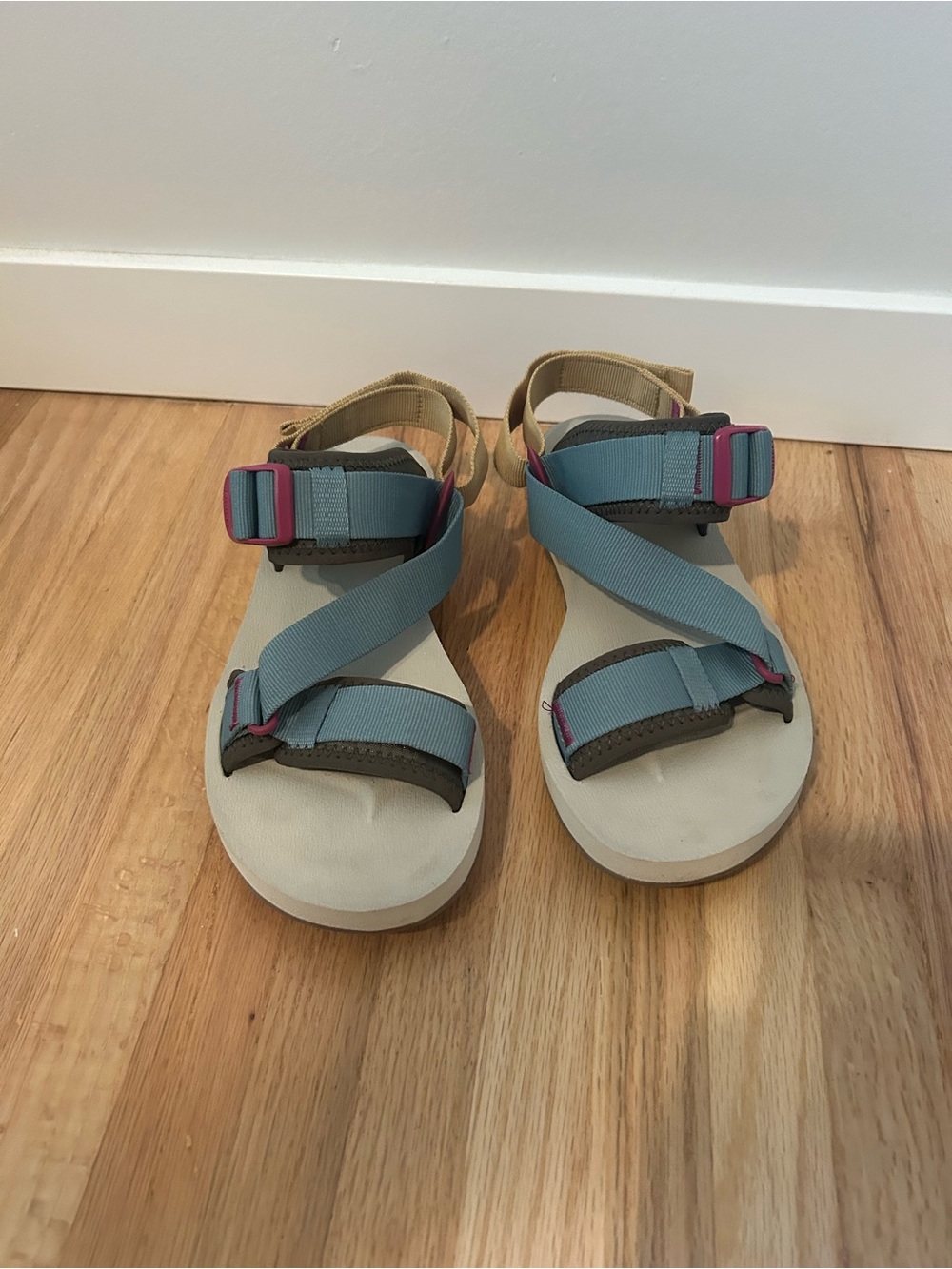 Merrell Women’s Tan and Blue Strapped Sandals with Pink Accents